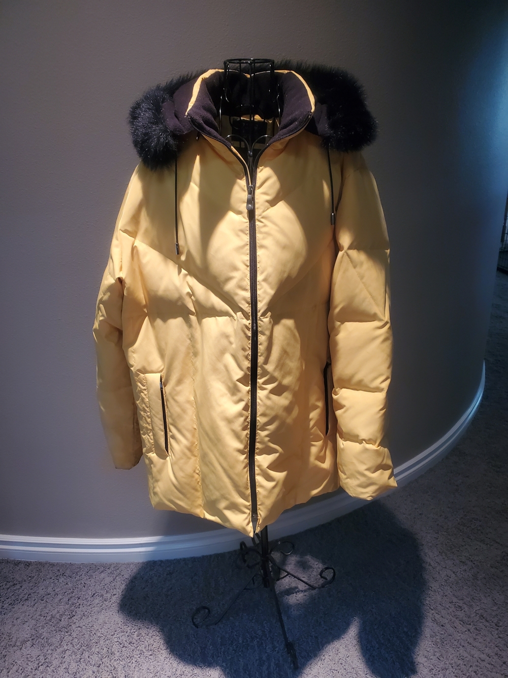 Yellow Hooded Puffer Coat with Faux Fur Trim